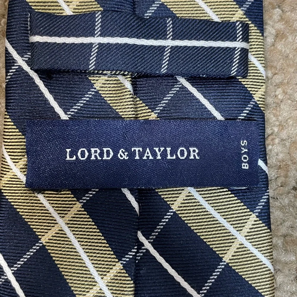 Lord & Taylor Plaid Necktie Boys‎ OS Navy Gold Excellent Classic Preppy 4645